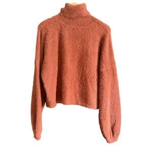4SIENNA | Burnt Orange Fuzzy Cropped Balloon Sleeve Turtleneck Sweater | Small